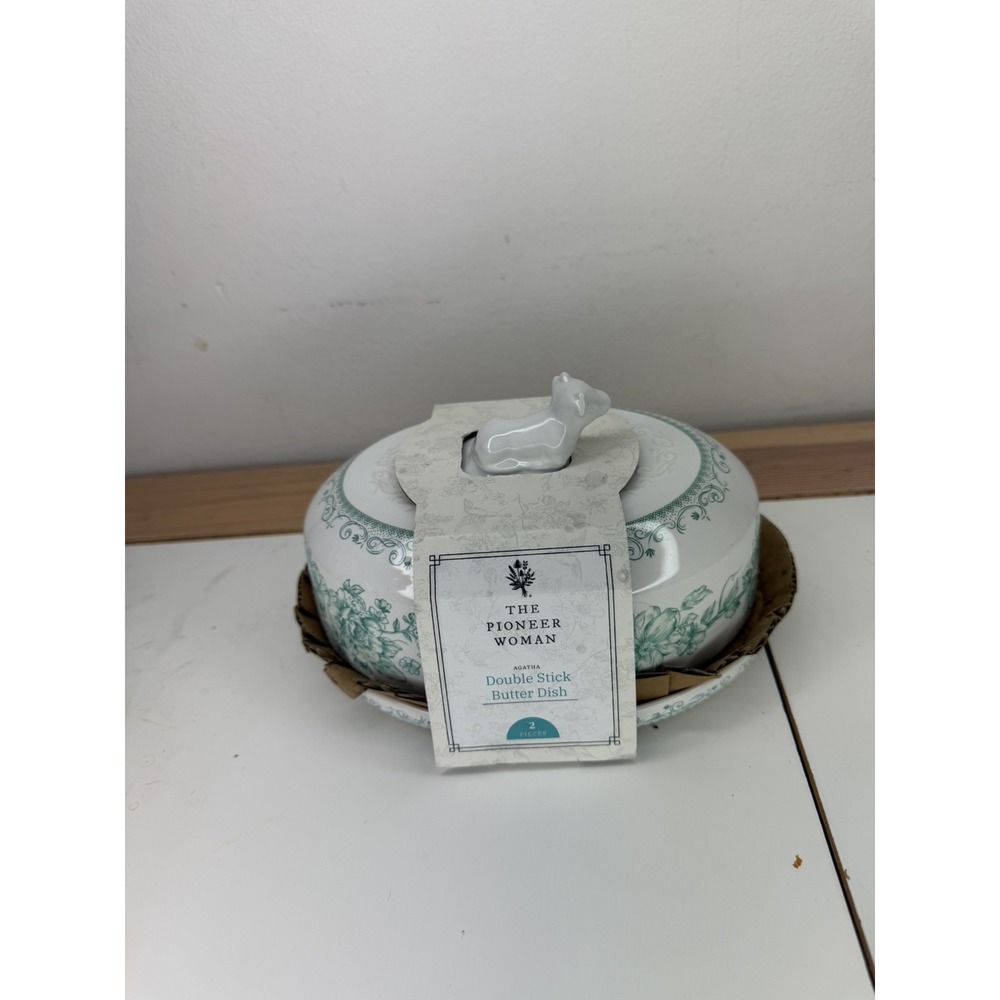 Pioneer Woman Agatha Green Double Stick Butter Dish Cow Handle Floral Stoneware